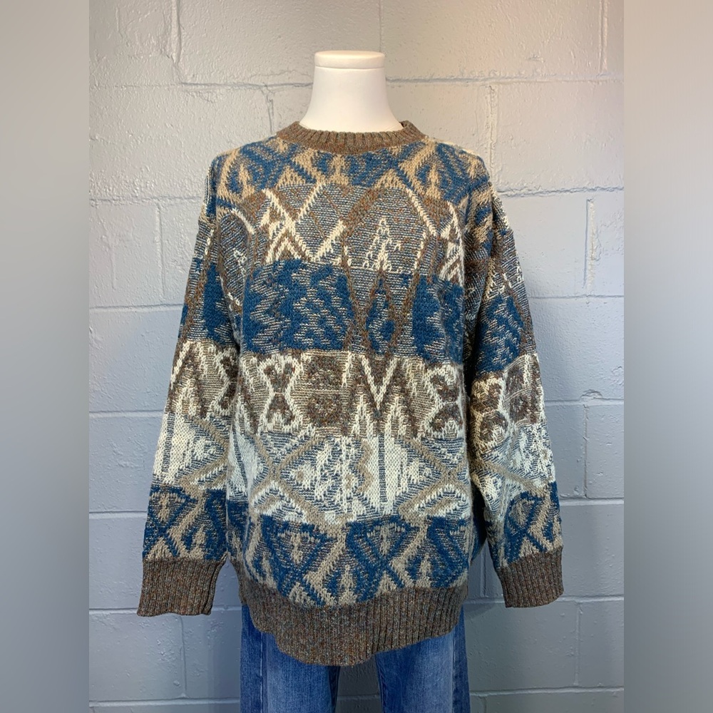 Men's Blue and Brown Patterned Sweater